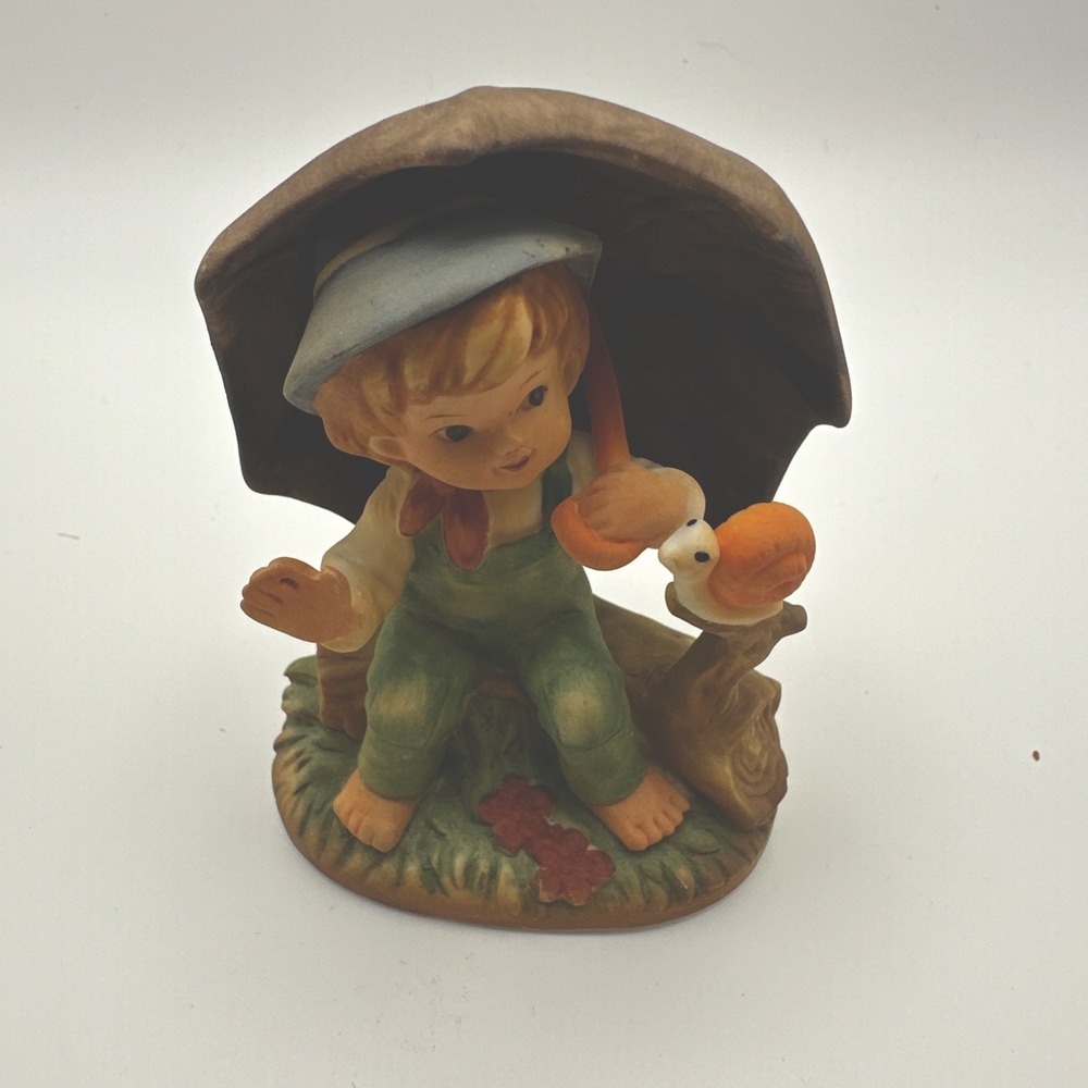 VTG Napcoware Porcelain Boy Holding Umbrella with Snail Figurine #177